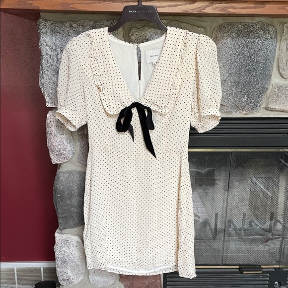 Reformation Kaylia  Cream Polka Dot Mini Dress with Black Bow - Picture 1 of 13